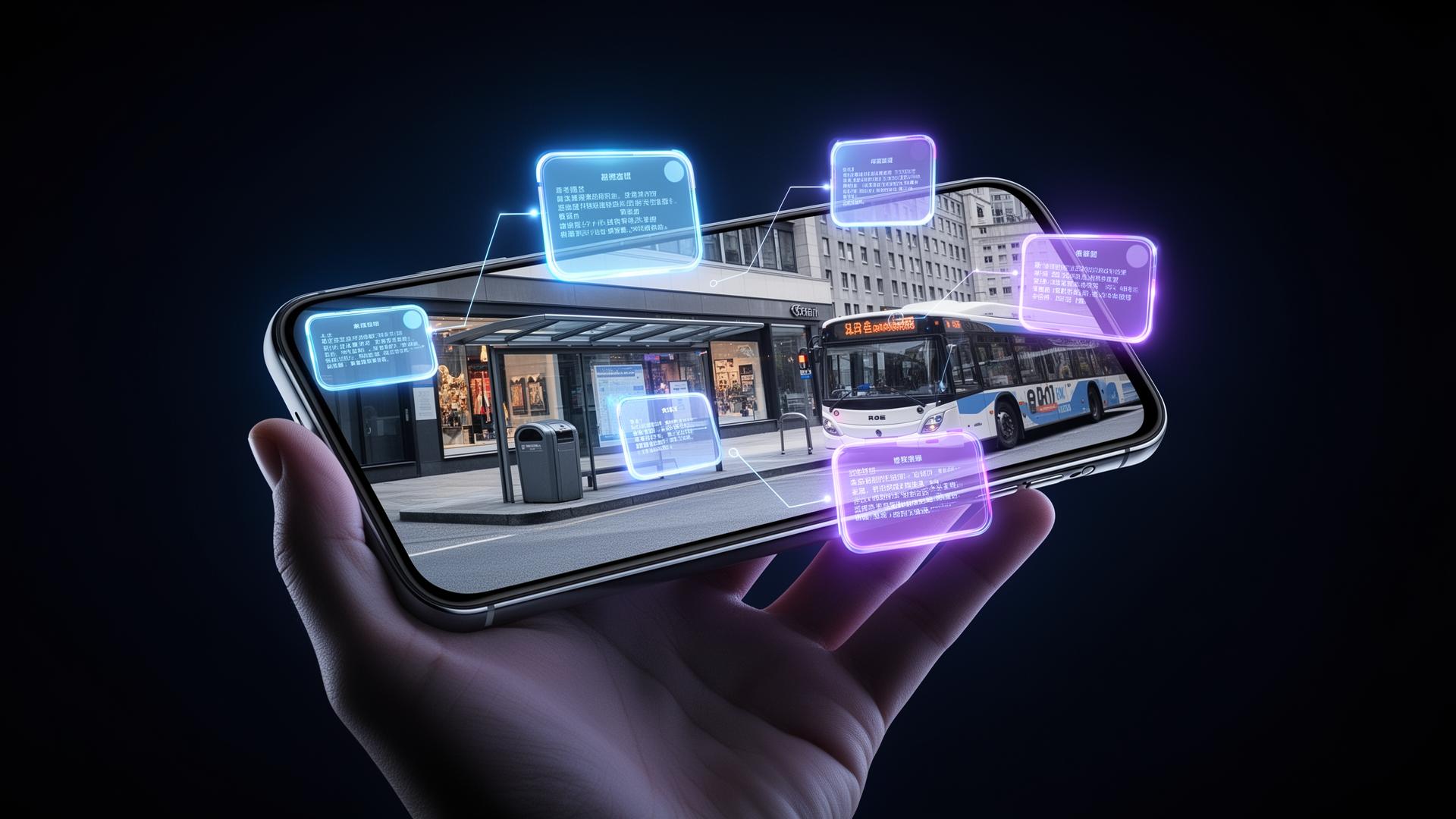 Phone showing camera view with floating WorldID digital cards over real-world objects in a Nordic city scene